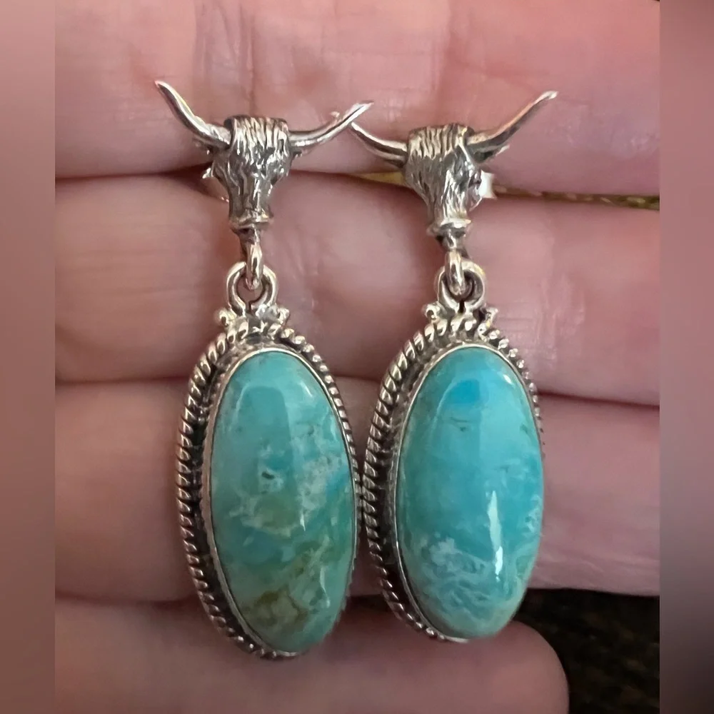 ❤️ Bull’s Head Mohave Turquoise Navajo Sterling 1.45”L Statement Earrings 12.9gm
